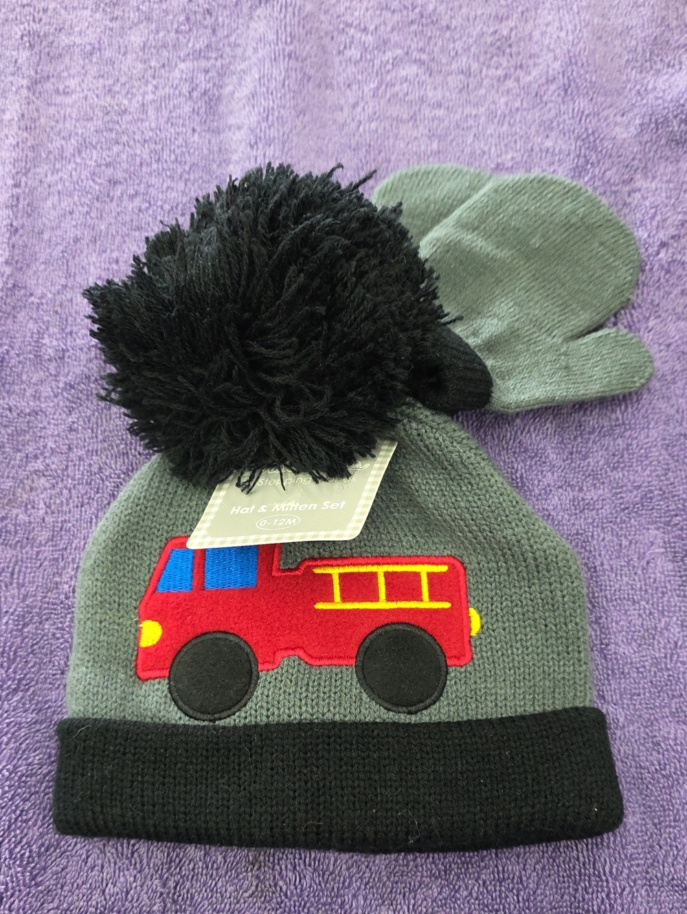 NWT First Steps Knit Kids Fire Truck Hat & Mitten Set - Gray with Black Pom